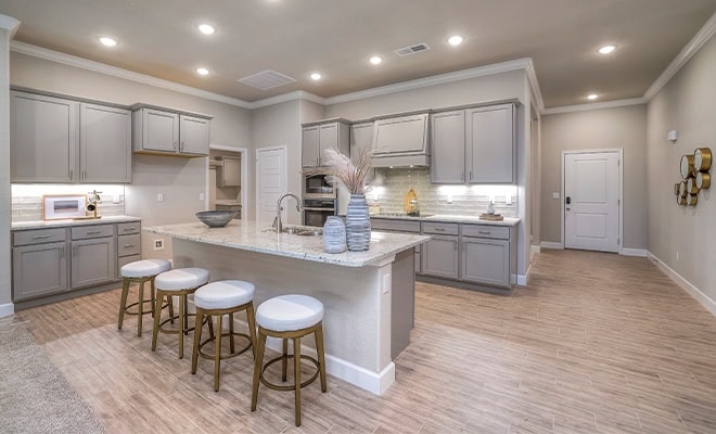 Modern Kitchen Gray Cabinets Large Island Quartz Countertops