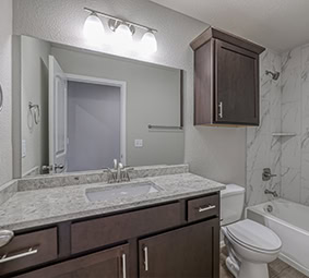 Full Bathroom Dark Cabinet Marble Shower Combo