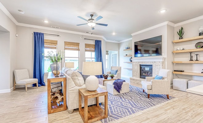 Bright Living Room Fireplace Blue Accents Modern Decor